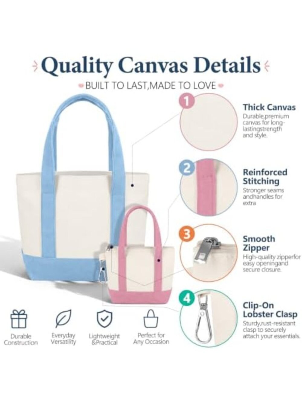 Stylish Mini Canvas Tote Bag with Zipper - Perfect for Everyday Use & Travel - Picture 4 of 6